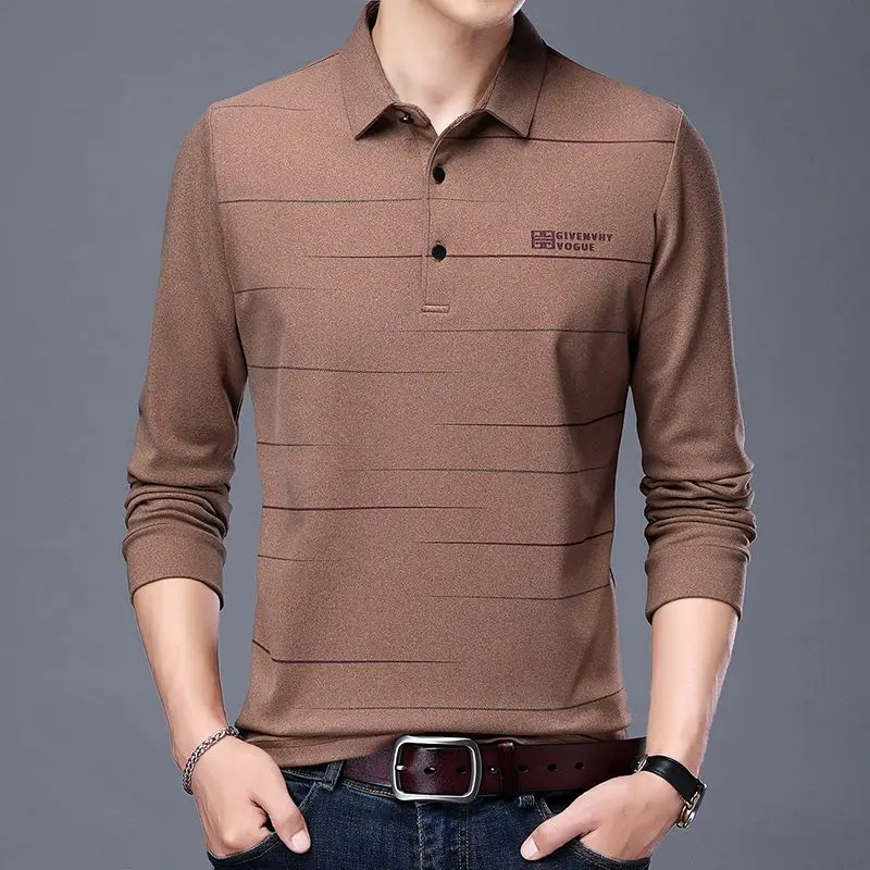 Модные повседневные полосатые футболки с принтом на пуговицах с отворотом, мужская одежда 2024, весенние новые свободные корейские топы, универсальная футболка