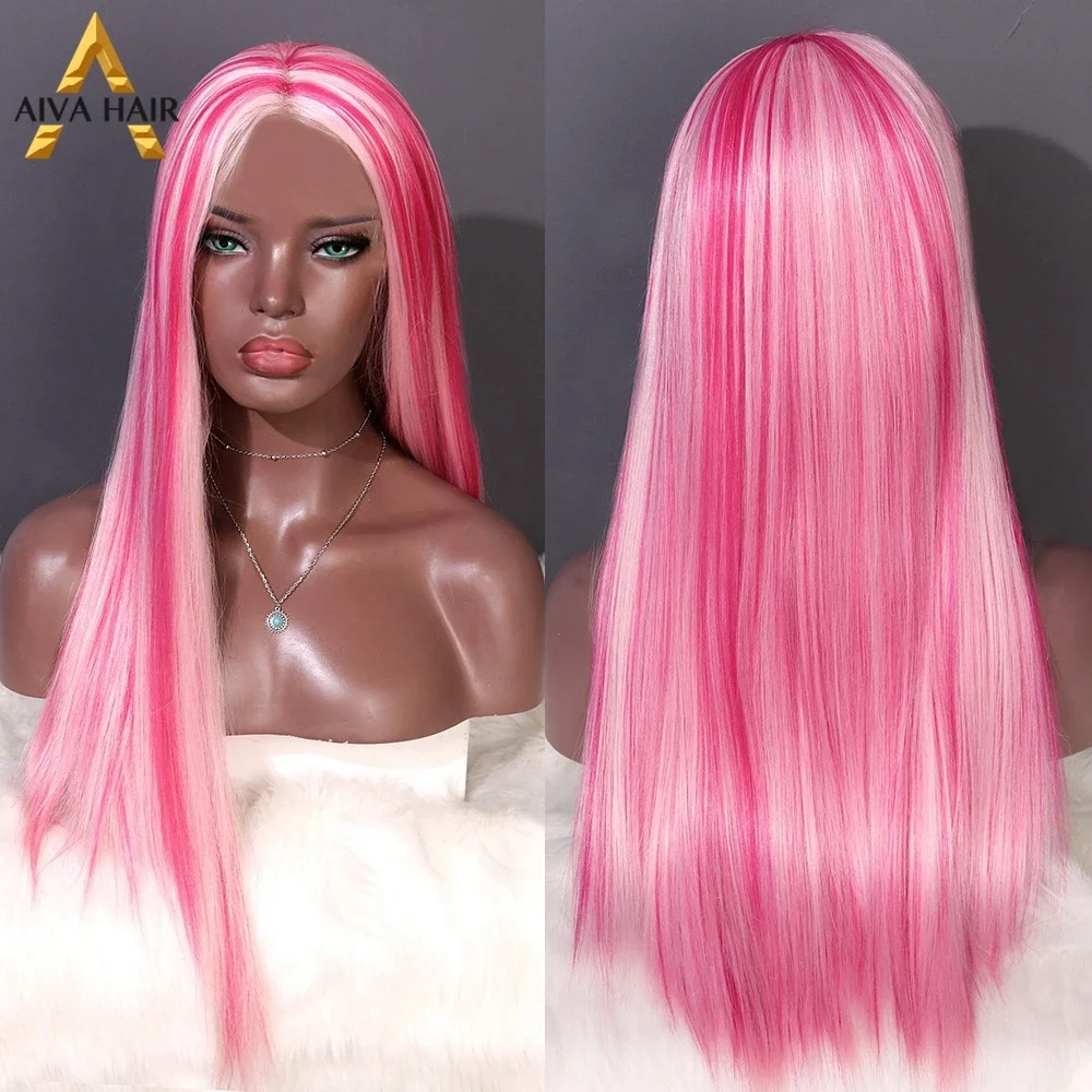 AIVA Highlight Розовый синтетический парик, предварительно выщипанный длинный Прямой парик трансвестита, Термостойкий косплей, парики с кружевом спереди 13x4 для женщин
