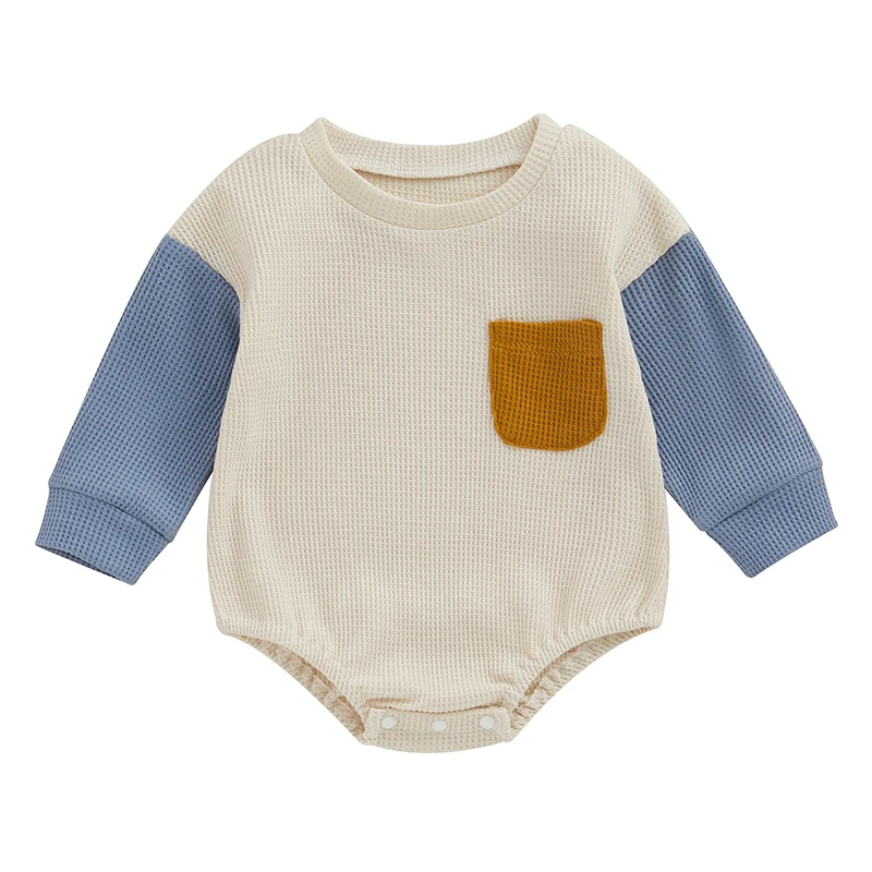 Детский комбинезон с вафельным узором контрастного цвета, круглый вырез, комбинезон с длинными рукавами, одежда для малышей