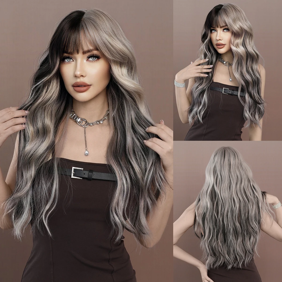 Длинноволновый парик NAMM с серебристо-серым градиентом, популярный у женщин синтетический парик для повседневного косплея с высокой плотностью волос