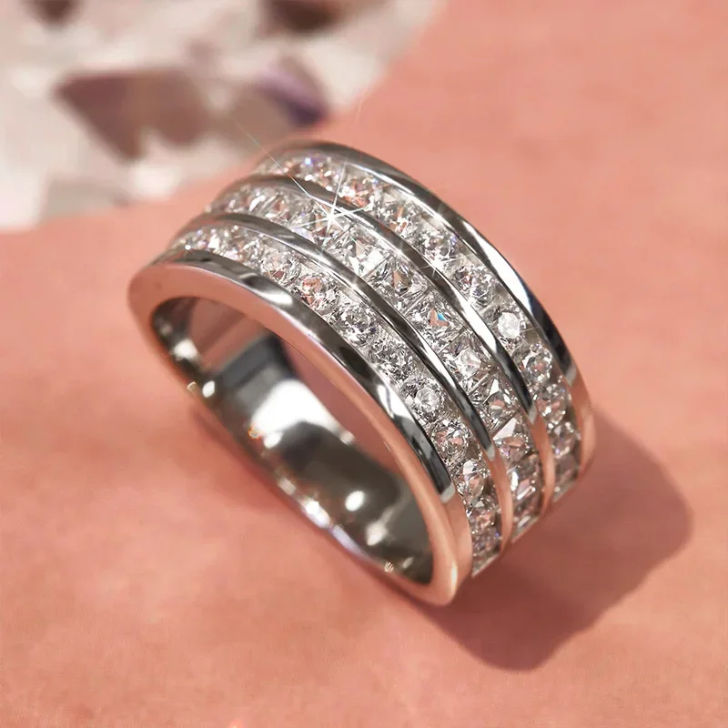 Трехлинейные кольца с фианитами, Роскошные аксессуары серебристого цвета для женщин, сверкающие обручальные кольца для новобрачных, Новые модные украшения
