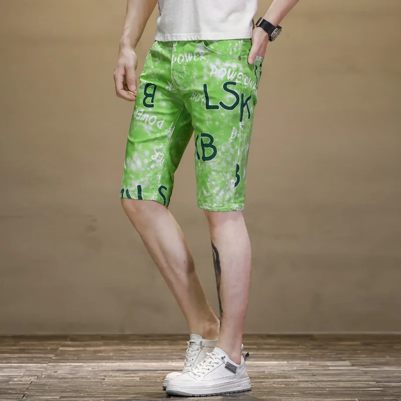 Новые мужские облегающие зеленые джинсовые шорты, легкие роскошные шорты с буквенным принтом, шорты уличной моды, сексуальные повседневные шорты;