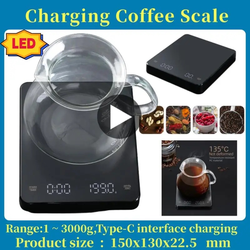 Встроенные электронные весы для зарядки аккумулятора, Встроенный автоматический таймер для разливки эспрессо, умные весы для приготовления кофе, кухонные весы 3 кг 0,1 г