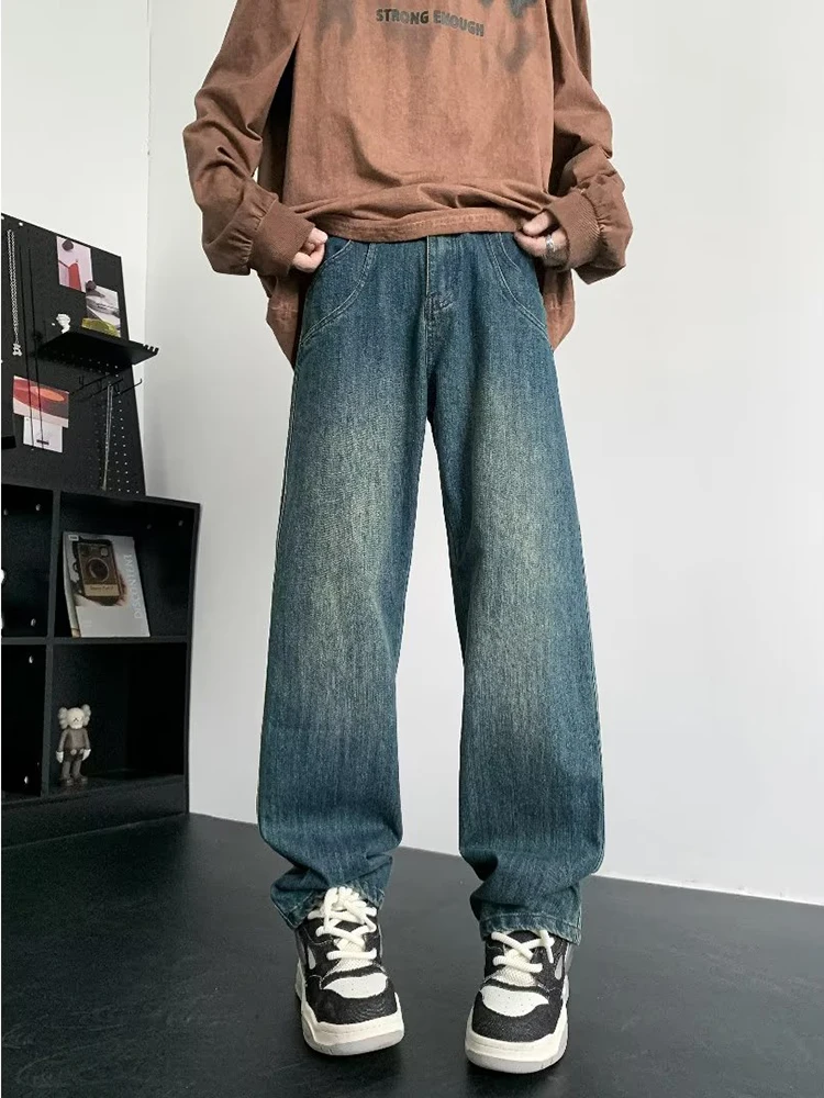 Мужские винтажные джинсы YIHANKE, модные выстиранные уличные повседневные широкие джинсовые брюки, потертые Свободные мужские универсальные брюки