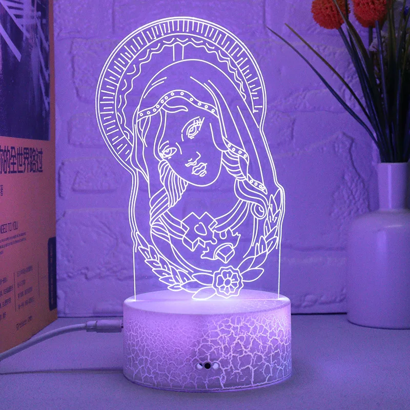 Ночная 3D иллюзионная лампа Virgin Mary, светодиодный ночник, USB Touch, 7-цветная настольная лампа, Украшение спальни, Подарочный ночник, акрил