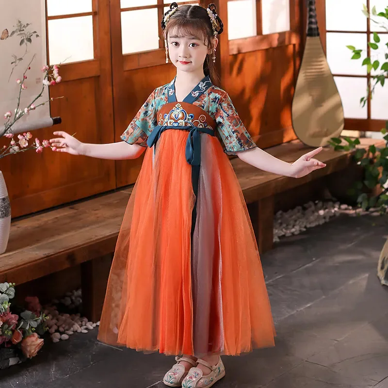 Летнее платье Hanfu для девочек с коротким рукавом в китайском стиле, изготовленное на заказ в стиле пэчворк, с V-образным вырезом и длиной до щиколоток, детская одежда Cheongsam