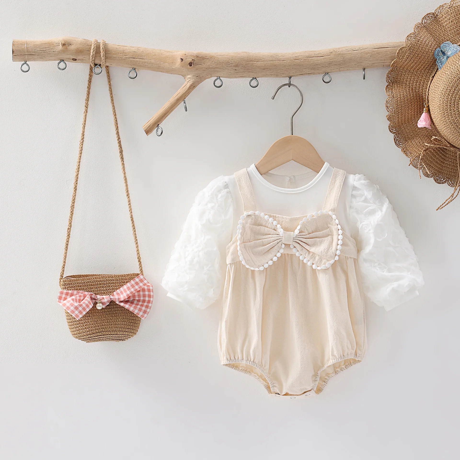Комбинезон для фотосъемки новорожденных, детская одежда для девочек 2023, осень-весна, Поддельные комплекты из двух предметов с большим бантом, кружевной воротник с круглым вырезом, однотонный цвет