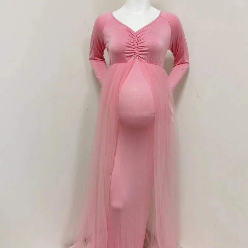 Розовые платья для беременных Реквизит для фотосессии Беременность Без плеч Эластичное Длинное платье Фотосессия в душе ребенка Хлопчатобумажное платье