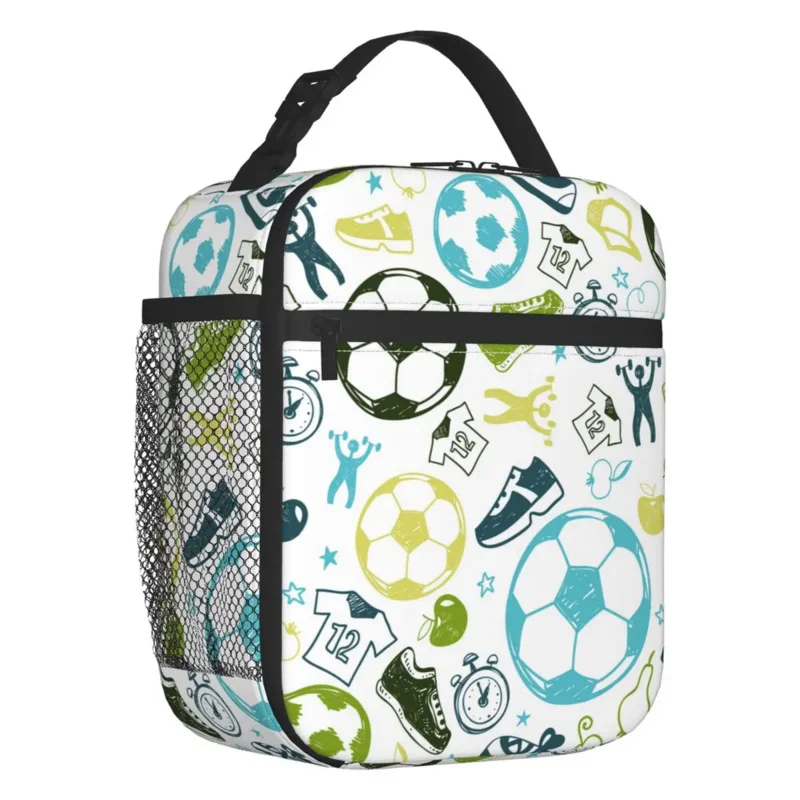 Изготовленный на заказ Футбольный спортивный узор Футбольная сумка для ланча Женская Теплая сумка-холодильник Изолированные Ланч-боксы для детской школы