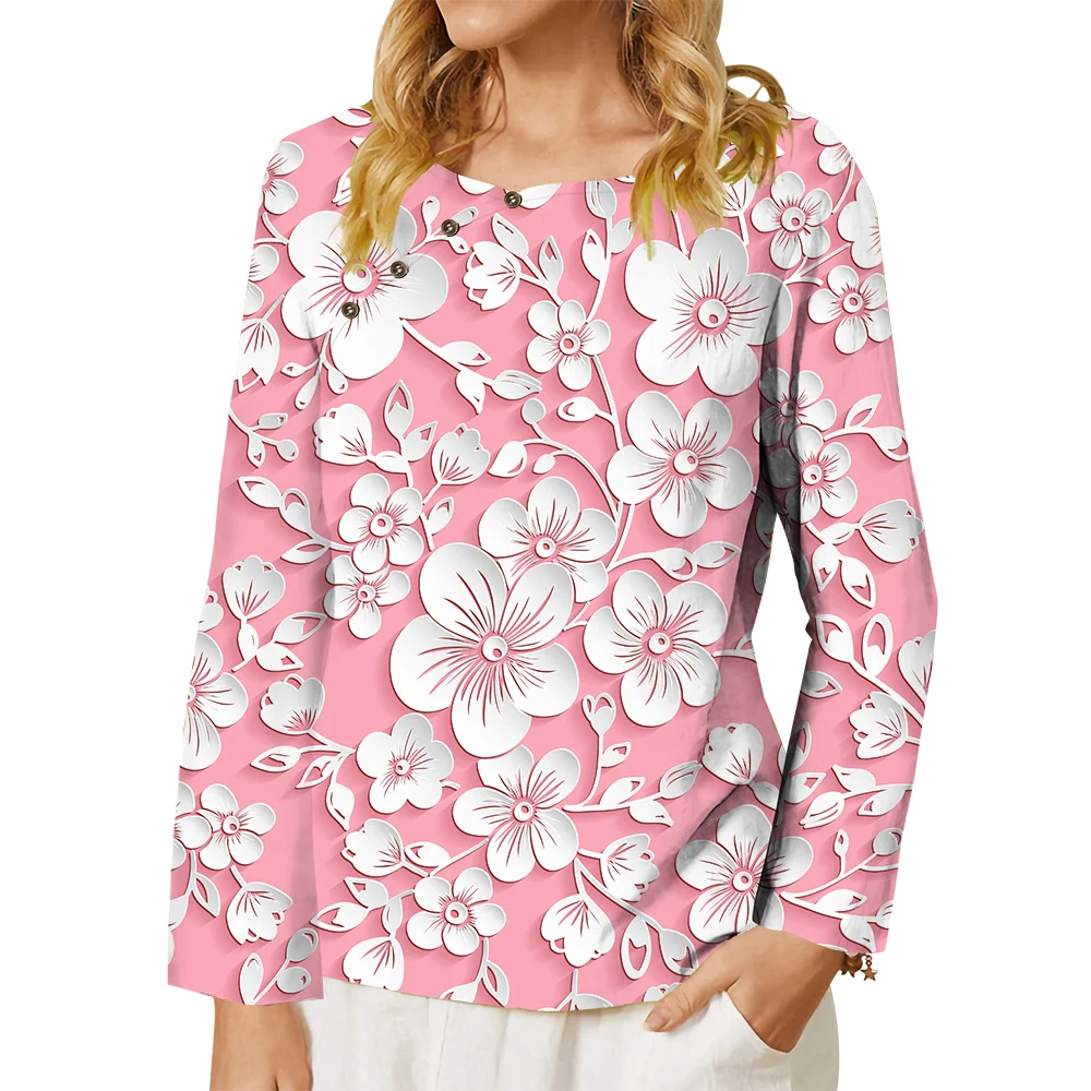 CLOOCL Новая Элегантная женская рубашка Розового цвета с изображением цветов персика и 3D-принтом, украшенная пуговицами, Футболка с длинным рукавом, Свободная блузка, Женские топы