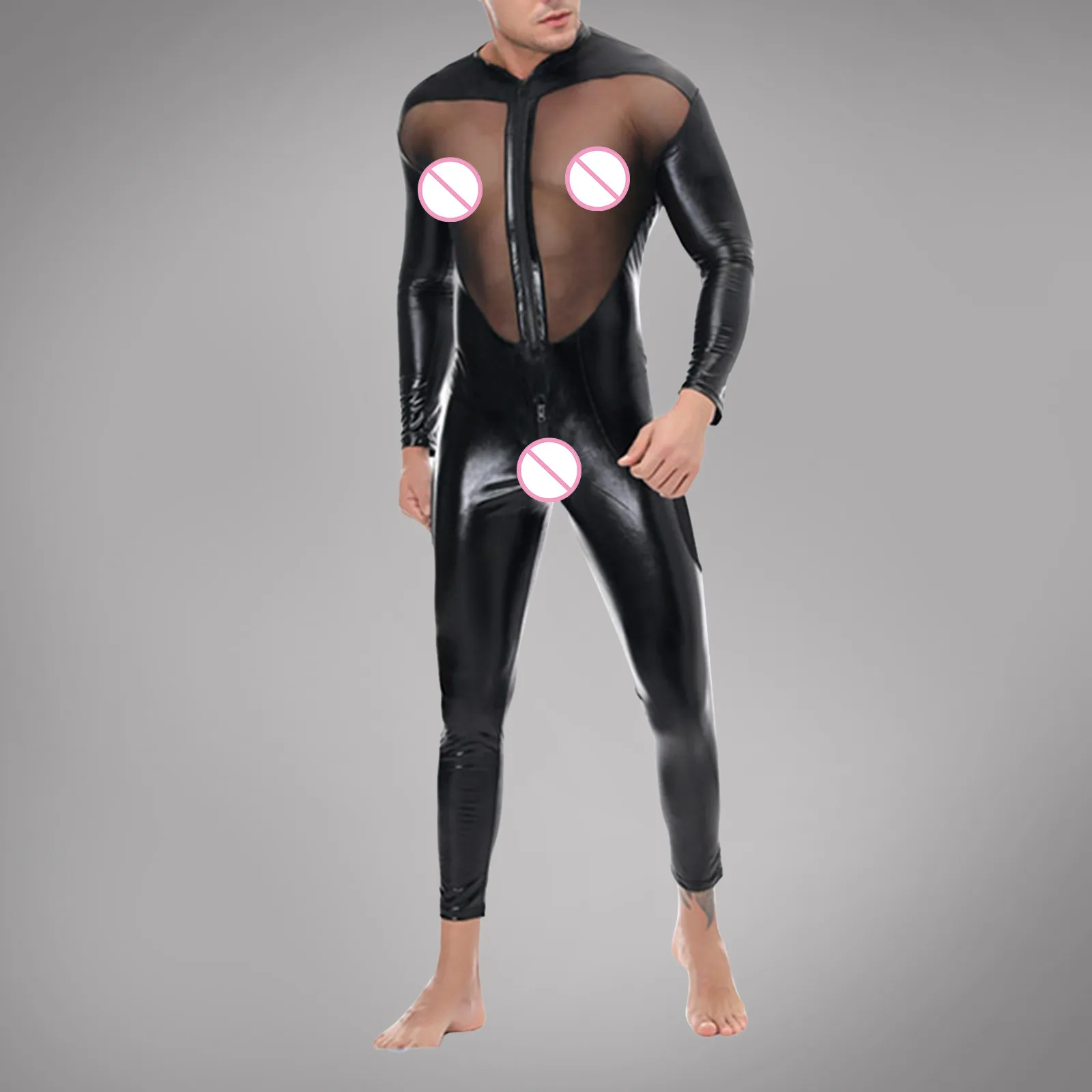Порнокостюм с отстрочкой из искусственной кожи, мужская сексуальная пижама, облегающий комбинезон в стиле пэчворк с обтягивающей сеткой на молнии, сексуальная одежда, боди Bodycon Brief