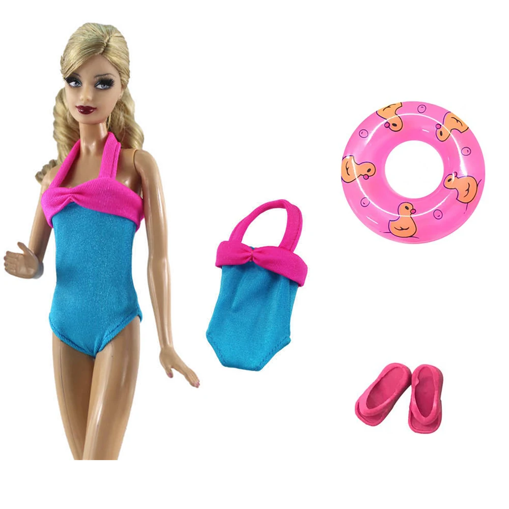 NK 1 Комплект Синий Сиамский Пляжный Купальник Принцессы + Тапочки + Спасательный Круг Для Плавания, Кольцо Для Куклы Барби, Аксессуары, Подарочная Игрушка