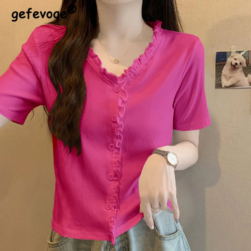Женская футболка со съедобным древесным грибком, Элегантная хлопковая базовая футболка в летнем корейском стиле, повседневные облегающие топы с V-образным вырезом и коротким рукавом, Ropa