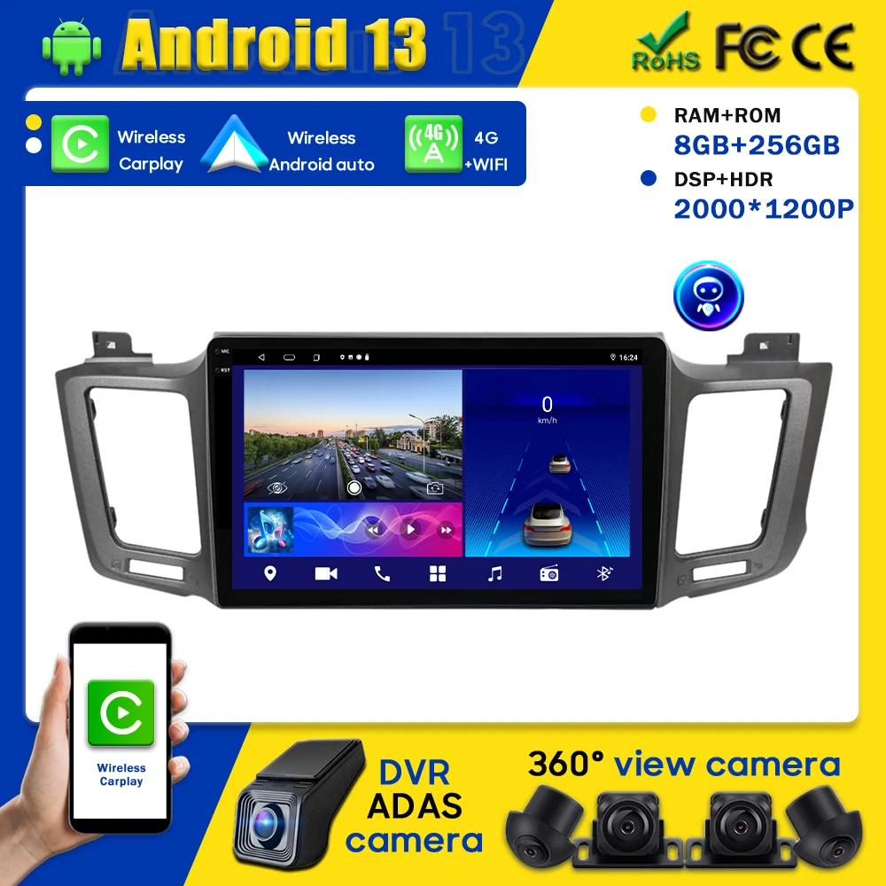 Для Toyota RAV4 2013-2019 Android Автомагнитола Мультимедийное головное устройство 4G BT Carplay GPS Навигация Без 2din DVD Беспроводной сенсорный