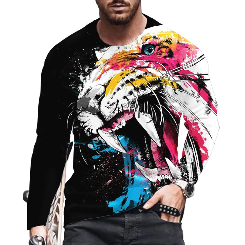 Винтажная футболка с принтом 3d Тигра и льва, Рубашка С Животными, Длинный рукав, Свободный O-образный Вырез, Летние Хлопковые Топы С Животными, Мужская Одежда Оверсайз 5xl