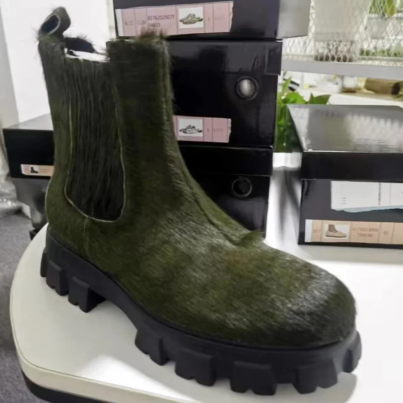 Италия, стильные зеленые ботинки из конского волоса, роскошные осенне-зимние ботинки на платформе, массивные кожаные ботинки, мужская обувь, ботинки Челси