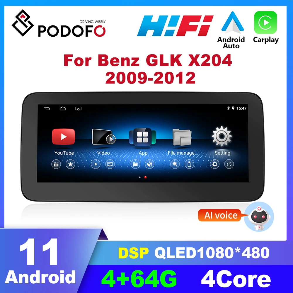 Podofo Android 11 Автомагнитола Для Benz GLK X204 2009-2012 Мультимедийный Плеер Автомобильный Стерео Carplay Авторадио GPS Навигация 4G