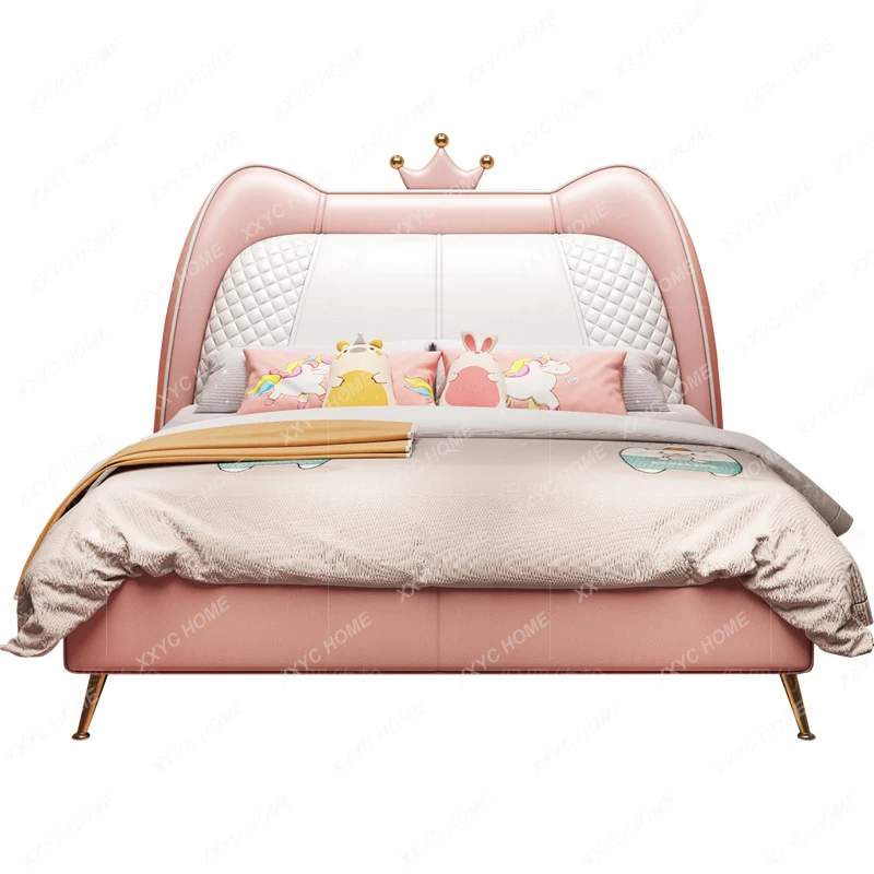Кровать для Девочки Корона Розовая Комната Для Девочки Мечта Кровать Для Девочки Легкая Роскошная Кожаная Кровать С Кошачьими Ушками