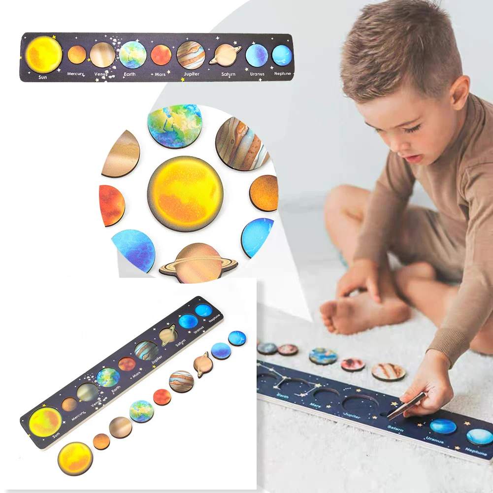 Учебные пособия Монтессори, деревянная Солнечная система, восемь Планет, подходящая доска, Головоломка для раннего образования, Обучающая Астрономическая игрушка