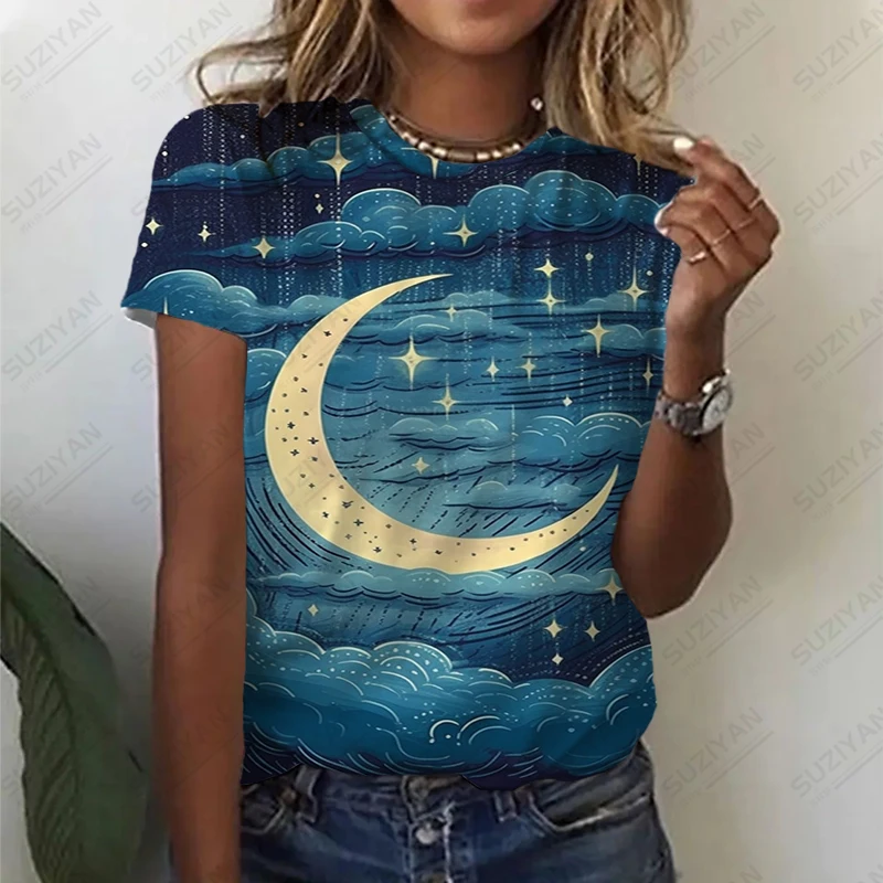 2023 Летняя Высококачественная футболка с коротким рукавом, футболка с принтом Звезды и Луны, Классическая Базовая Простая футболка, Женская Свободная Повседневная футболка