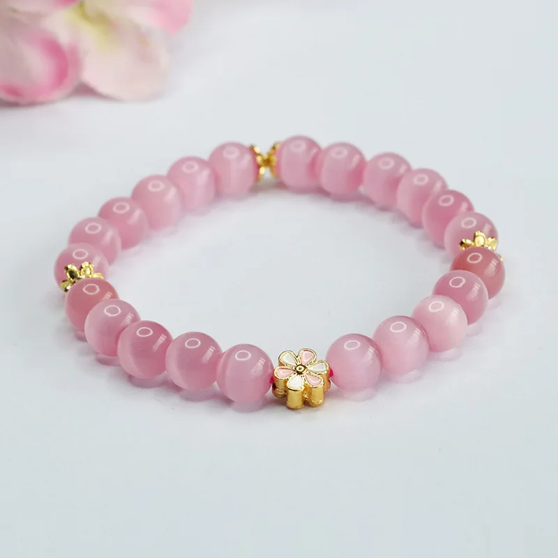 Очаровательный розовый кристалл браслет для Womne персиковый цвет Кошачий глаз камень бусины браслет модные ювелирные изделия сладкий девочек аксессуар