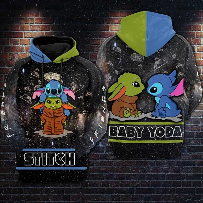 Толстовка Disney с капюшоном Disney Crossover SW Stitch Baby Yoda, черная, синяя, зеленая толстовка