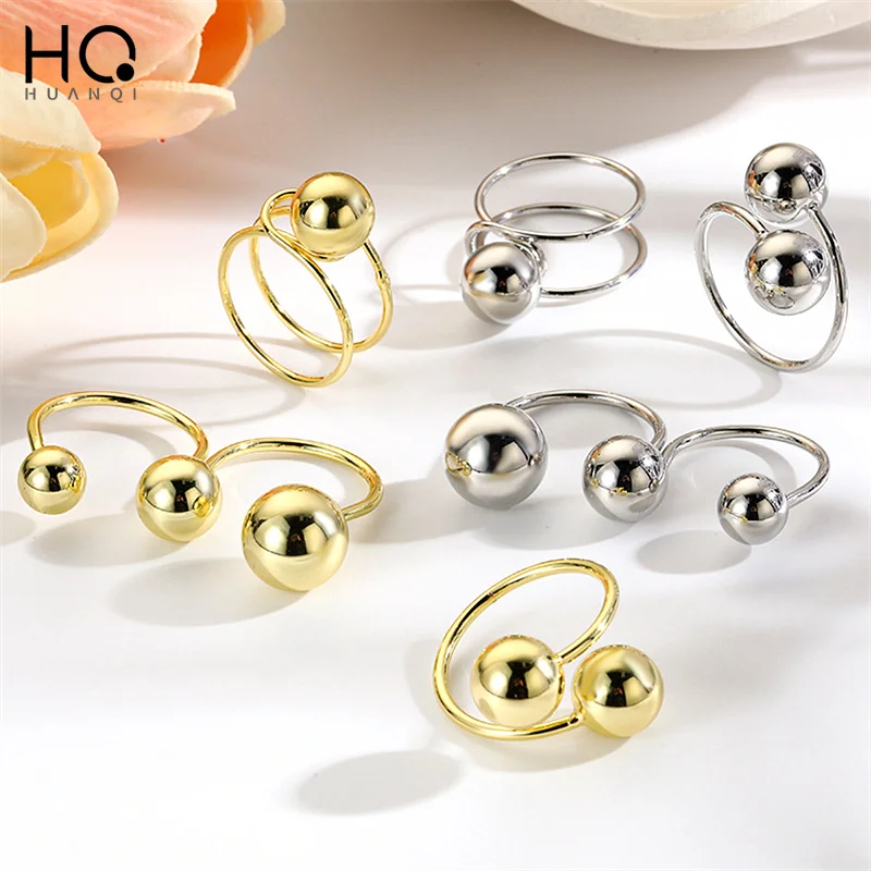 HUANQI Покрытые медью Полые шарики Двухслойное Открытое спиральное кольцо для женщин, девочек, палец, Классическая Ретро-мода, Ювелирные изделия, Подарки 2024