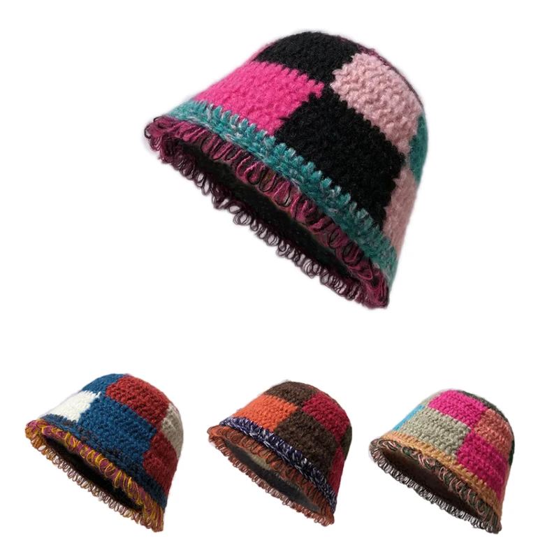 Японские широкополые шляпы контрастного цвета, женская зимняя шерстяная вязаная панама, женская шапочка с бахромой, теплая рыбацкая кепка
