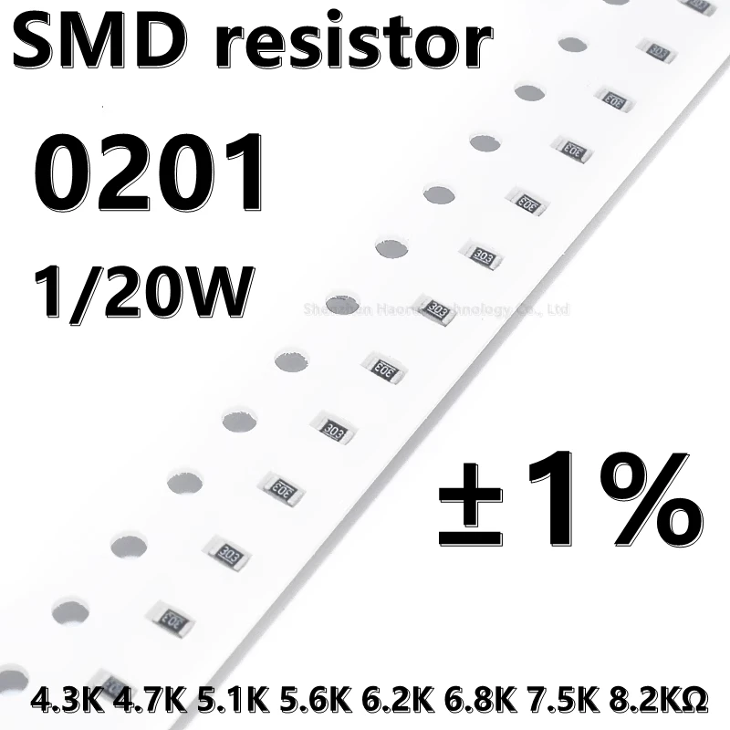 (100шт) 1/20 Вт 0201 SMD резистор 1% 4.3K 4.7K 5.1K 5.6K 6.2K 6.8K 7.5K 8.2KΩ