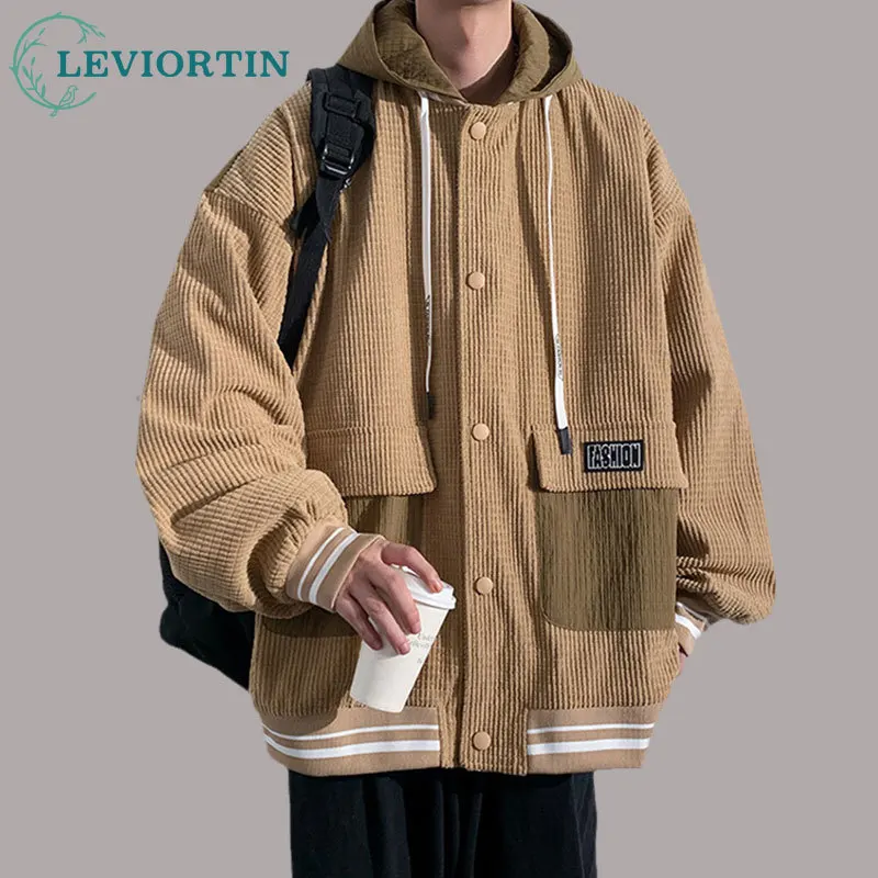 Уличная мужская свободная вельветовая куртка Осеннего корейского стиля с большим карманом, бейсбольная форма в стиле пэчворк с капюшоном, куртка унисекс