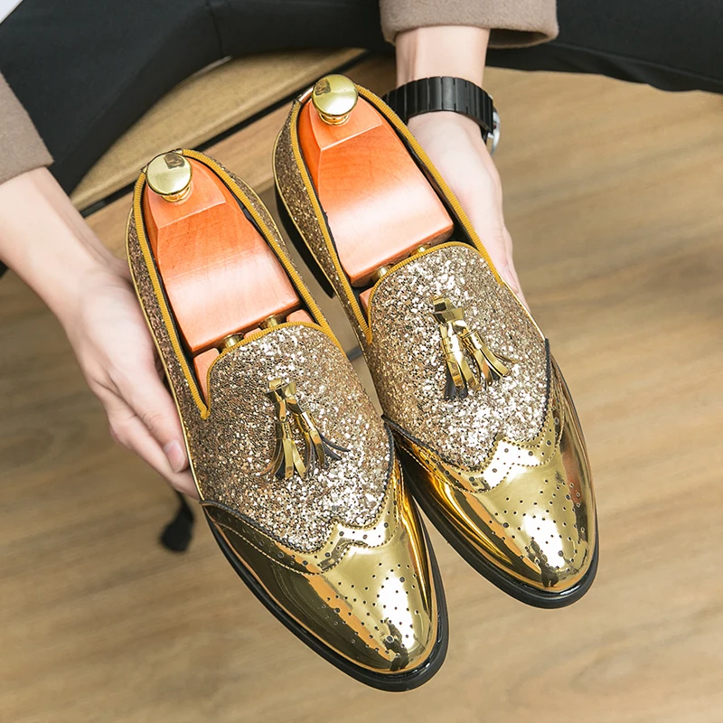 2023 Мужская Кожаная обувь с кисточками, мужские Броги Superstar, Кожаные туфли с капюшоном, Оксфордские Золотые туфли