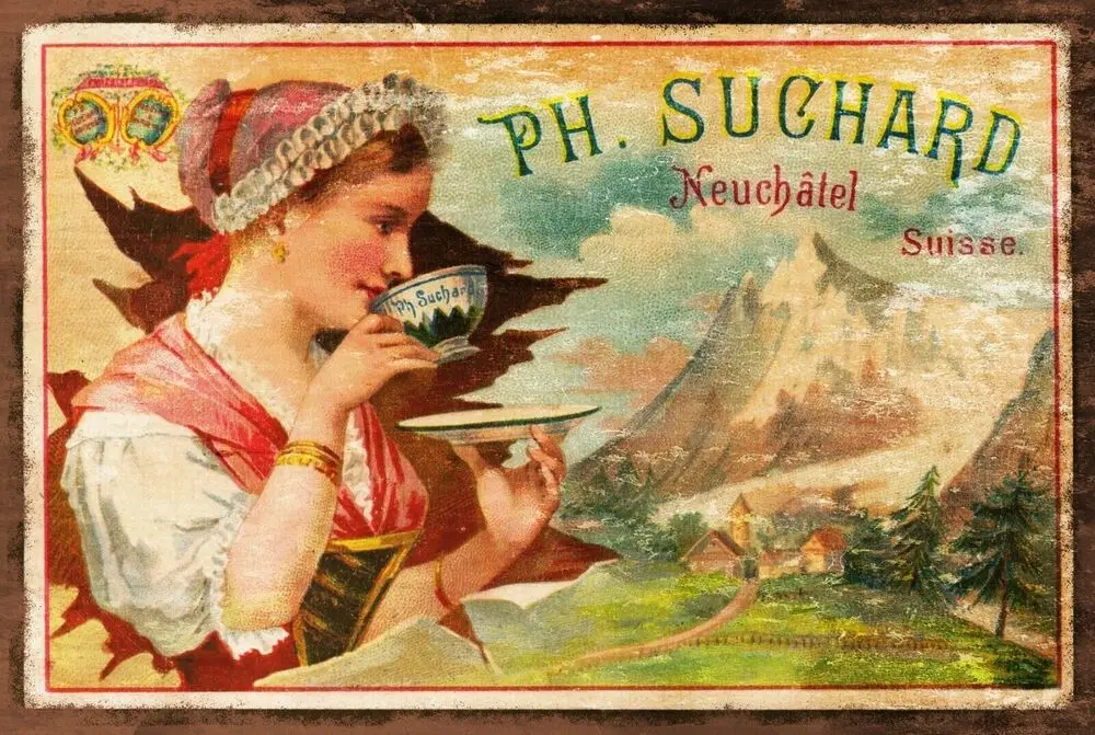 Реклама Выдержанного Швейцарского Горячего шоколада Suchard Swiss Hot Chocolate, Металлическая Табличка в винтажном стиле