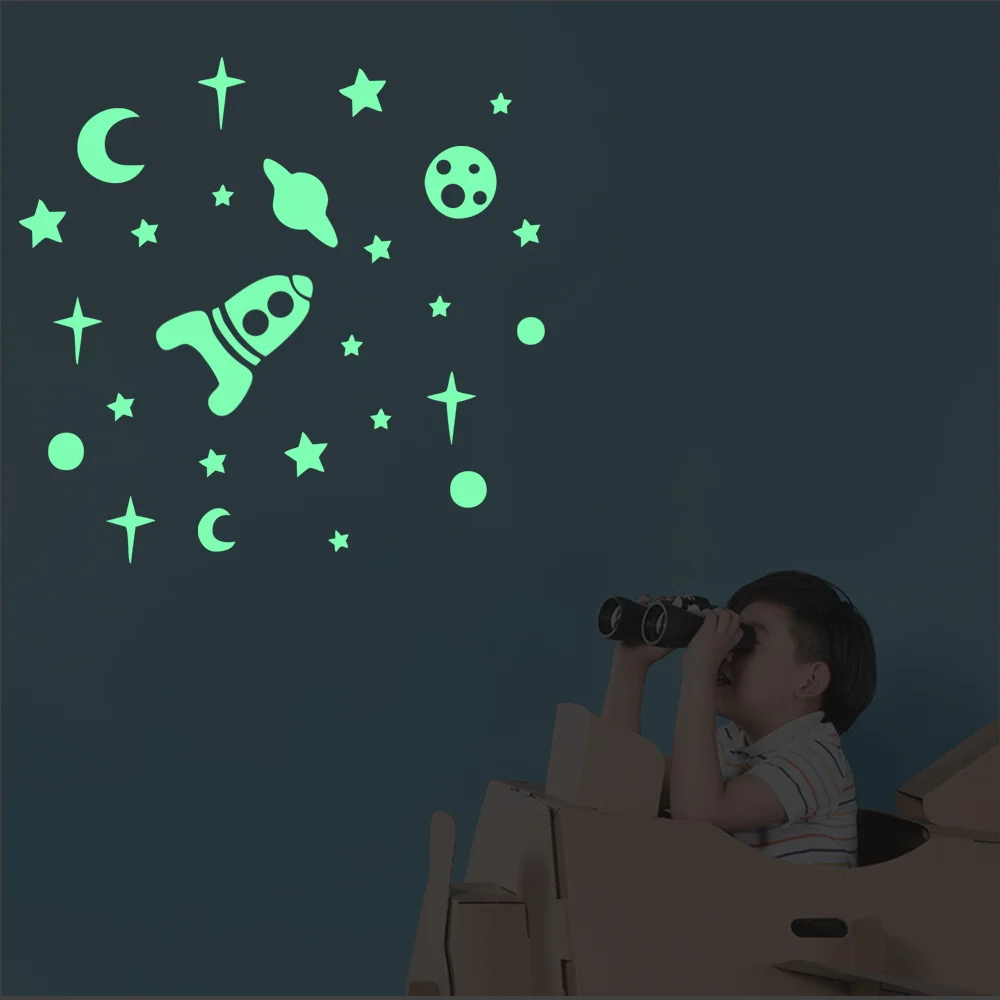 Светящиеся наклейки на стены космического корабля, Луны и звезд для детей, художественные панно для детских комнат, домашний декор, светящиеся в темноте обои из ПВХ
