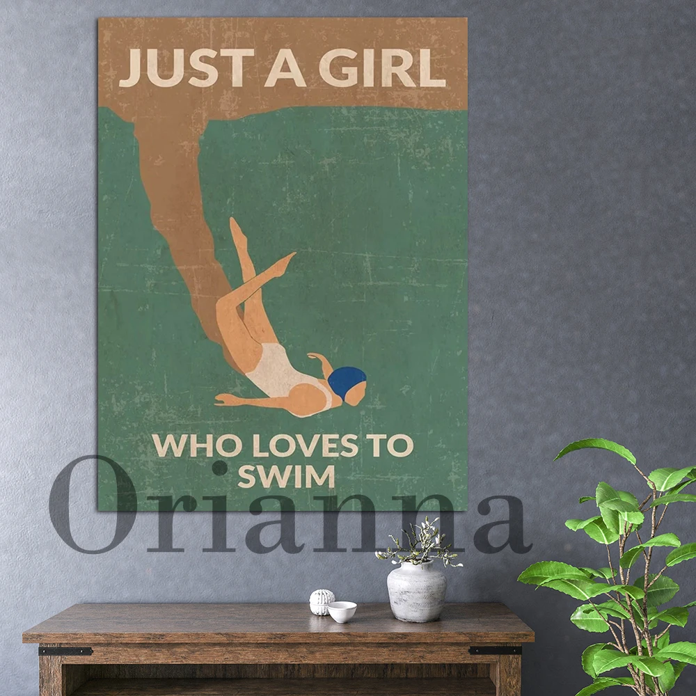 Просто девушка, которая любит плавать Зеленый плакат настенный принт декор Винтажная картина на холсте