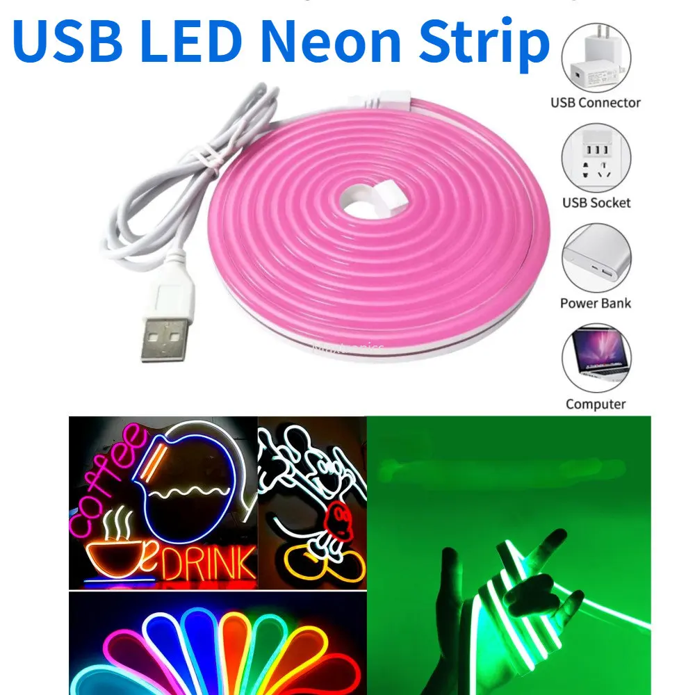 5V USB LED Неоновая Лента Гибкая Неоновая Вывеска 2835 120LED/M IP65 Водонепроницаемый Белый Теплый Белый Синий Зеленый Розовый 2M DIY Decortion