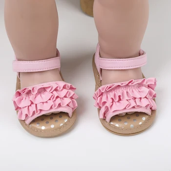 Летние сандалии для маленьких девочек 0-18 м, нескользящие туфли на плоской подошве с рюшами, Обувь для первых ходунков с открытым носком, Милые туфли принцессы для новорожденных  10