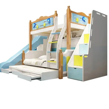 Деревянная Детская Двухъярусная Кровать Для Мальчиков С Горкой Красочные Комплекты Постельного Белья Для Детской Мебели  5