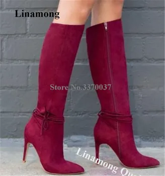 Linamong/ Женские Элегантные Замшевые сапоги до колена на шпильке с острым носком и ремешками на лодыжках, Сапоги на высоком каблуке, Модельные туфли на высоком каблуке  5