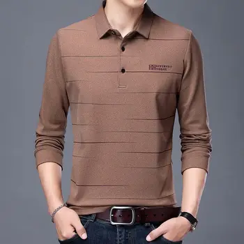 Модные повседневные полосатые футболки с принтом на пуговицах с отворотом, мужская одежда 2024, весенние новые свободные корейские топы, универсальная футболка  4