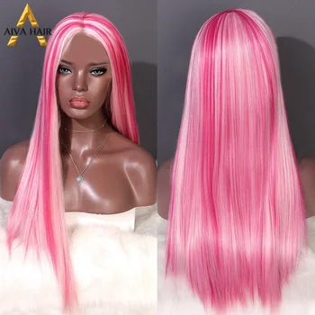 AIVA Highlight Розовый синтетический парик, предварительно выщипанный длинный Прямой парик трансвестита, Термостойкий косплей, парики с кружевом спереди 13x4 для женщин  10