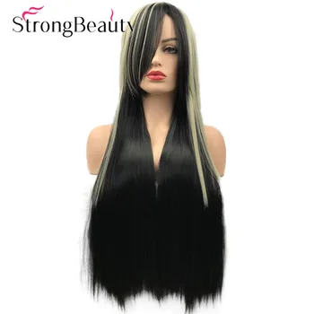 StrongBeauty Длинные прямые парики Омбре Черно-коричневый блондинистый градиентный парик из синтетических женских волос  5