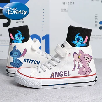 Детские кроссовки Disney Lilo & Stitch с мультяшным рисунком, высокие парусиновые туфли белого цвета для тенниса, размер 26-37  5