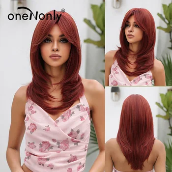 Длинный прямой парик oneNonly, красные парики с челкой для женщин на каждый день, натуральные синтетические парики из термостойких волокнистых волос  5