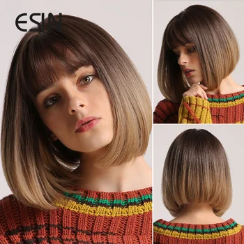 ESIN Синтетические волосы от коричневого цвета омбре до светло-коричневого средней длины, прямой парик Боб с челкой, парики для косплея для женщин, термостойкие  5