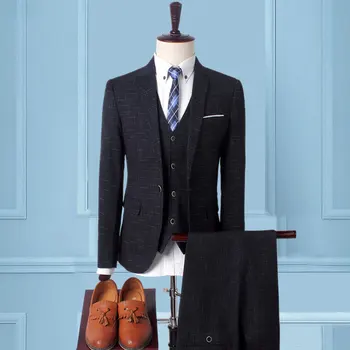 Демисезонный Элегантный повседневный мужской костюм-тройка Пальто, брюки, жилет, деловые платья для жениха, черный, серый, синий блейзер, мужская одежда, костюм  4