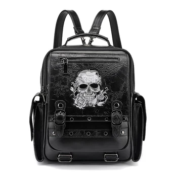 Готический рюкзак большой емкости в стиле панк, мужская Женская сумка для компьютера с вышивкой в виде черепа, школьная сумка с заклепками для студентов  5