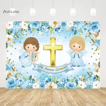 Фон для фотосъемки Avezano Вечеринка по случаю Причастия для мальчиков Синий цветок Золотые звезды Фон для крещения Ангела Декор плаката для фотостудии  4