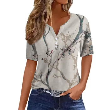 Летняя повседневная футболка, свободная женская футболка с абстрактным цветочным принтом и графическим V-образным вырезом, базовые топы, модная повседневная одежда  4