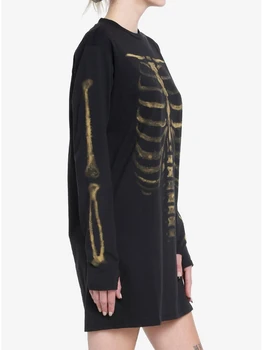 Туника с принтом скелета на Хэллоуин, топы для женщин, футболки с длинным рукавом, весенне-осенняя повседневная блузка, уличная одежда  5