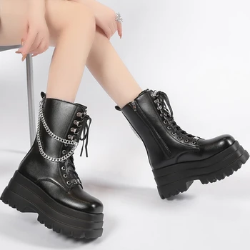 Новая женская обувь на платформе, мода 2023 года, большие размеры, ботильоны с квадратным носком и металлической цепочкой на молнии, женские зимние ботинки на массивном каблуке  5